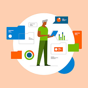 Illustration: Mann mit Laptop im Zentrum, um ihn herum Ordner und Digramme © iStock.com - jossnatu Illustration: Mann mit Laptop im Zentrum, um ihn herum Ordner und Digramme